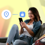 Mascotes do Android espiando em torno de um ícone de cadeado central, acompanhados de impressão digital, desbloqueio facial e gráficos de entrada de senha.