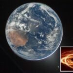 Terra vista da janela da espaçonave Orion, mostrando a África Ocidental e o Oceano Atlântico.