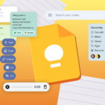 Colagem mostrando mãos segurando um smartphone, conectadas a listas de verificação flutuantes do Google Keep, notas e etiquetas coloridas contra um fundo amarelo.