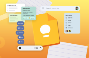 Eu uso esses truques para organizar milhares de notas do Google Keep como um profissional Colagem mostrando mãos segurando um smartphone, conectadas a listas de verificação flutuantes do Google Keep, notas e etiquetas coloridas contra um fundo amarelo.