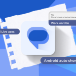 Uma mulher animada segurando um smartphone, cercada por recursos flutuantes do Mensagens do Google, como balões de bate-papo, emojis e uma mensagem de voz