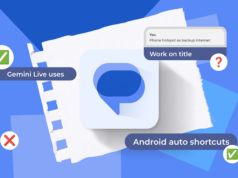 Eu uso o Mensagens do Google como meu bloco de anotações e funciona melhor do que eu esperava Uma mulher animada segurando um smartphone, cercada por recursos flutuantes do Mensagens do Google, como balões de bate-papo, emojis e uma mensagem de voz