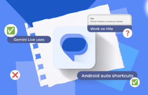 Eu uso o Mensagens do Google como meu bloco de anotações e funciona melhor do que eu esperava Uma mulher animada segurando um smartphone, cercada por recursos flutuantes do Mensagens do Google, como balões de bate-papo, emojis e uma mensagem de voz