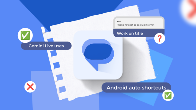 Uma mulher animada segurando um smartphone, cercada por recursos flutuantes do Mensagens do Google, como balões de bate-papo, emojis e uma mensagem de voz