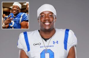 Ex-jogador da NFL Chris Payton-Jones, 30, morto em um acidente de carro na Flórida Chris Payton-Jones em uma camisa de futebol branca com detalhes em azul e o logotipo da UFL.