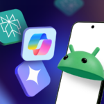 Uma mulher sentada em um sofá usando o telefone, cercada pelos logotipos do Gmail, Drive, Docs, YouTube e Gemini.