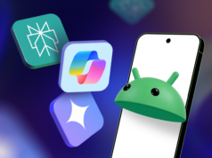Experimentei Gemini, Perplexity e Copilot por um mês no Android, e o veredicto está em Uma mulher sentada em um sofá usando o telefone, cercada pelos logotipos do Gmail, Drive, Docs, YouTube e Gemini.