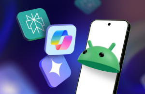 Experimentei Gemini, Perplexity e Copilot por um mês no Android, e o veredicto está em Uma mulher sentada em um sofá usando o telefone, cercada pelos logotipos do Gmail, Drive, Docs, YouTube e Gemini.