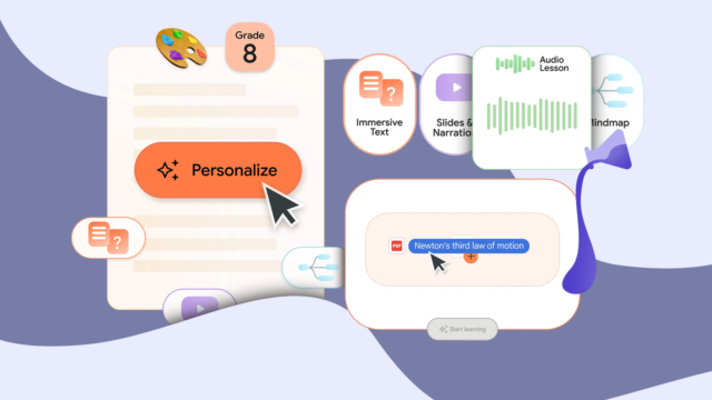 Um jovem usando um laptop e fones de ouvido, sentado entre os logotipos flutuantes do YouTube e do NotebookLM.