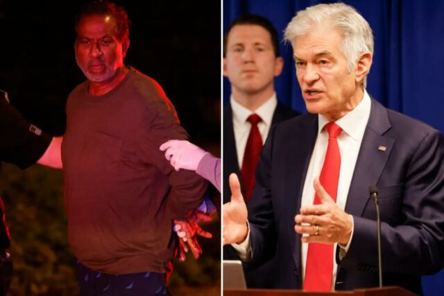 Gladwin Gill, que opera os Cuidados Paliativos St. Francis em Anaheim, é detido por agentes da lei.