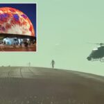 Um alpinista profissional nas paredes curvas do The Sphere, com um helicóptero filmando nas proximidades.