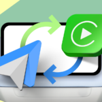 Um SUV prateado em frente ao logotipo do Android Auto em um fundo geométrico verde e azul