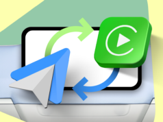 Finalmente descobri como mudar facilmente do Apple CarPlay para o Android Auto Um SUV prateado em frente ao logotipo do Android Auto em um fundo geométrico verde e azul