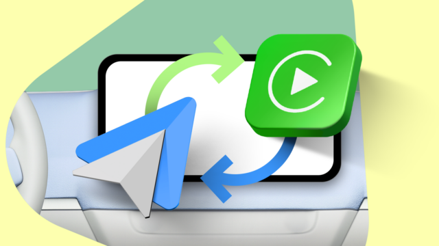 Um SUV prateado em frente ao logotipo do Android Auto em um fundo geométrico verde e azul