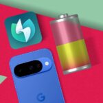 Um ícone de bateria 3D dentro de uma moldura de smartphone ao lado de interruptores de configuração em um fundo azul