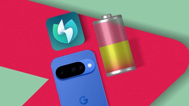 Um ícone de bateria 3D dentro de uma moldura de smartphone ao lado de interruptores de configuração em um fundo azul