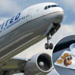 Uma bandeja de avião com um copo de água, pretzels e amêndoas em um guardanapo.