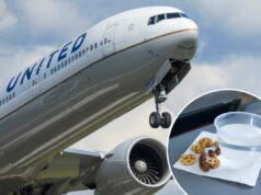 Flyer critica a United Airlines por desconsiderar sua alergia com risco de vida: ‘Isso não é uma solução’ Uma bandeja de avião com um copo de água, pretzels e amêndoas em um guardanapo.