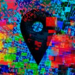 A multi-colored illustration location data scattered over a cityscape