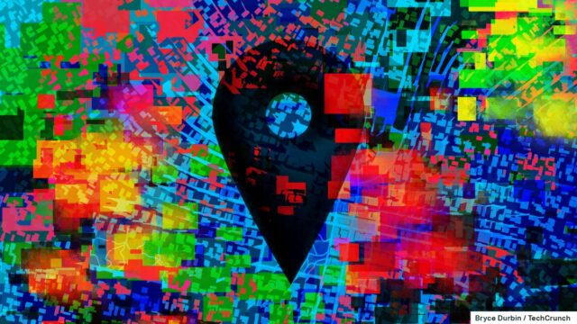 A multi-colored illustration location data scattered over a cityscape