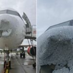 Fotos assustadoras mostram danos chocantes a um avião atingido por granizo depois de passar por uma violenta tempestade: 'Ameaças graves'