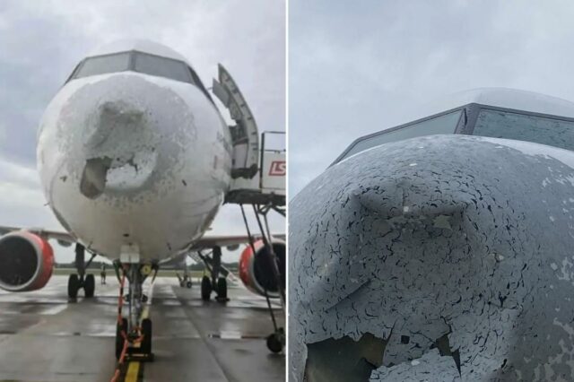 Fotos assustadoras mostram danos chocantes a um avião atingido por granizo depois de passar por uma violenta tempestade: 'Ameaças graves'
