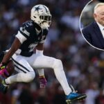 George Pickens, do Dallas Cowboys, comemora depois de vencer a primeira derrota contra o Washington Commanders durante a primeira metade do jogo da NFL no Northwest Stadium em 25 de dezembro de 2025 em Landover, Maryland.