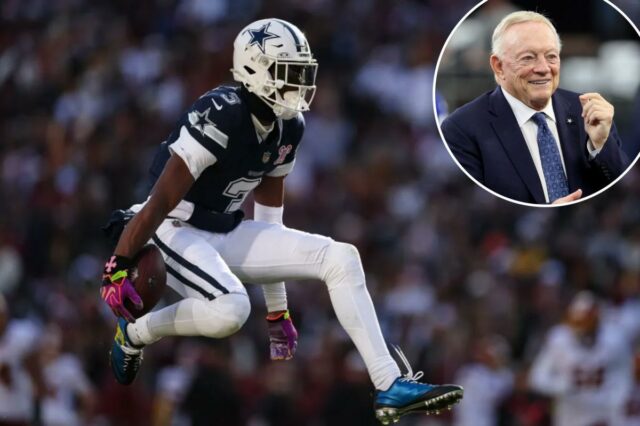 George Pickens, do Dallas Cowboys, comemora depois de vencer a primeira derrota contra o Washington Commanders durante a primeira metade do jogo da NFL no Northwest Stadium em 25 de dezembro de 2025 em Landover, Maryland.