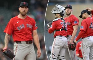 Garrett Crochet do Red Sox absolutamente destruído pelos Twins em menos de duas entradas Os jogadores do Boston Red Sox, Garrett Crochet (35), um receptor (75) e outro jogador (40) em campo.