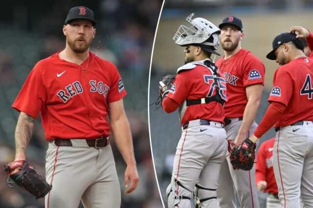 Garrett Crochet do Red Sox absolutamente destruído pelos Twins em Os jogadores do Boston Red Sox, Garrett Crochet (35), um receptor (75) e outro jogador (40) em campo.