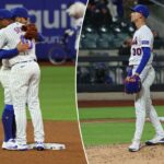 Bo Bichette e Marcus Semien se abraçam depois que o Mets derrotou os Twins em 22 de abril de 2026.