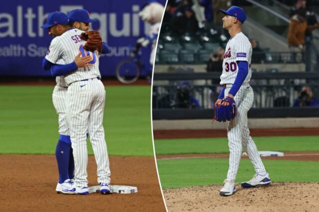 Bo Bichette e Marcus Semien se abraçam depois que o Mets derrotou os Twins em 22 de abril de 2026.