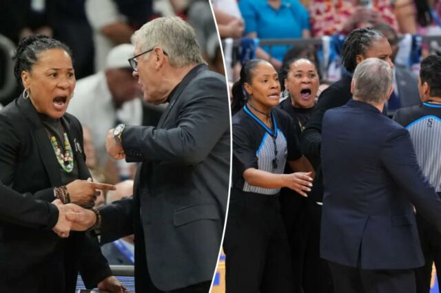 O técnico da Carolina do Sul, Dawn Staley, à esquerda, e o técnico da UConn, Geno Auriemma, discutem após o jogo da semifinal do torneio de basquete universitário feminino da NCAA no Final Four, sexta-feira, 3 de abril de 2026, em Phoenix.