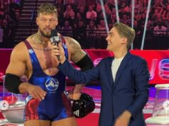 Giant diz que a BBC o expulsou dos Gladiadores porque desaprovava seu romance com a namorada modelo James Bigg, 40, acessou o Instagram com uma declaração enigmática dizendo que foi deixado “enfrentando uma escolha que não estava alinhada com seus valores” (foto com o apresentador Barney Walsh)