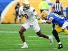 Giants negociam na terceira rodada do Draft da NFL de 2026 para selecionar Malachi Fields de Notre Dame Malachi Fields #0 do Notre Dame Fighting Irish carrega a bola durante o segundo tempo contra o Pittsburgh Panthers