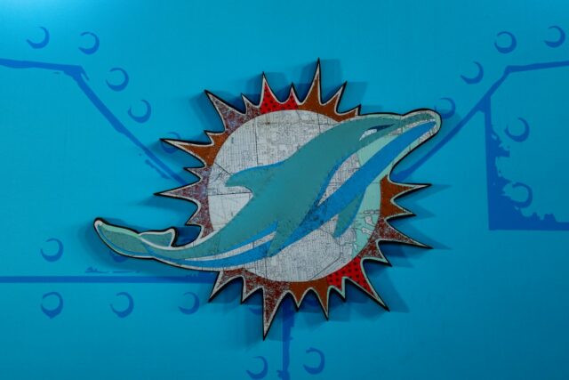 A general view of the Miami Dolphins sign in the tunnel during the NFL football draft at Acrisure Stadium on April 22, 2026 in Pittsburgh, Pennsylvania.