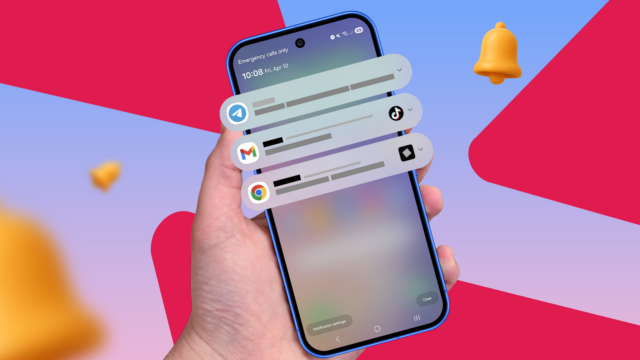 Mascote Android com uma lupa ao lado de um smartphone Samsung.