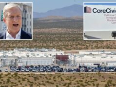 Governador bilionário da Califórnia. candidato Tom Steyer pego em hipocrisia chocante: ‘Foi um erro’ Prisioneiros em um pátio de exercícios cercado por diversas cercas com arame farpado, com um prédio atrás deles em uma paisagem desértica.