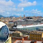 O navio de cruzeiro MSC World Europa atracou no porto de Gênova, na Itália, com os edifícios e as montanhas da cidade ao fundo.