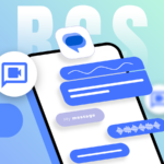 O ícone do Mensagens do Google parcialmente coberto por um pano azul, cercado por balões de mensagens coloridos em um fundo gradiente azul.