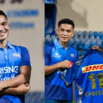 Hardik Pandya apresenta a camisa da franquia para Sunil Chhetri antes do confronto do PBKS