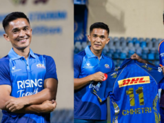 Hardik Pandya apresenta a camisa da franquia para Sunil Chhetri antes do confronto do PBKS Hardik Pandya apresenta a camisa da franquia para Sunil Chhetri antes do confronto do PBKS