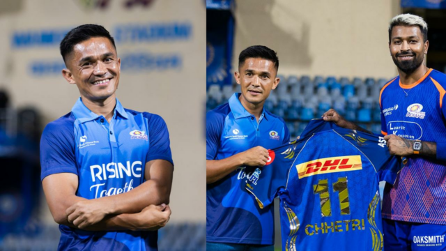 Hardik Pandya apresenta a camisa da franquia para Sunil Chhetri antes do confronto do PBKS

