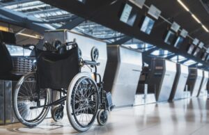 Homem ajuda mãe idosa a voar – por que agente o impede de chocar A wheelchair in an airport.