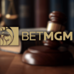 Logotipo da BetMGM sobre o fundo do tribunal com o martelo do juiz e a balança da justiça, simbolizando processos de jogos de azar e disputas legais envolvendo operadores de apostas esportivas. Homem do Tennessee processa BetMGM por supostas falhas em apostas de autoexclusão