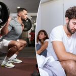 Homem fazendo agachamento com barra em uma academia.
