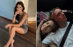 Influenciadora acusada de usar contas falsas para postar sobre si mesma e intimidar criadores de conteúdo rivais – graças a uma gafe humilhante Elena Taber posando sentada em um deck de madeira.