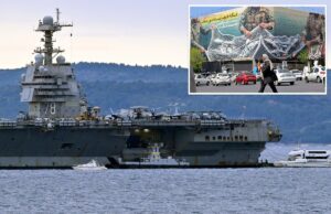 Irã emite alerta terrível sobre o bloqueio do Estreito de Ormuz do presidente Trump: ‘Resposta enérgica’ O porta-aviões USS Gerald R. Ford atracou na cidade costeira croata de Split com rebocadores e embarcações civis nas proximidades.