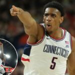 Tarris Reed Jr. da UConn reage durante a vitória de seu time no Final Four sobre Illinois em 4 de abril de 2026.