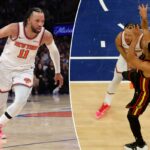 O armador do Atlanta Hawks, CJ McCollum (3), dá um chute e chuta o guarda do New York Knicks, Jalen Brunson (11), na virilha durante o terceiro quarto.